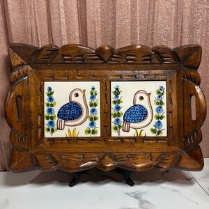 Vintage Hand Carved Mexican Wood and Ceramic Tile Serving Tray